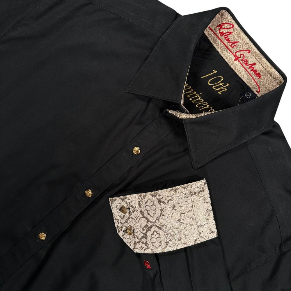 Robert Graham 10th Anniversary Shirt Mens L Black Paisley Gold Embroidered